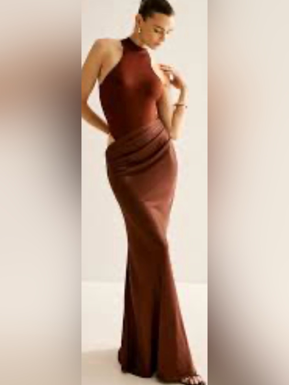 Commense Brown Halter Ruched Maxi Dress